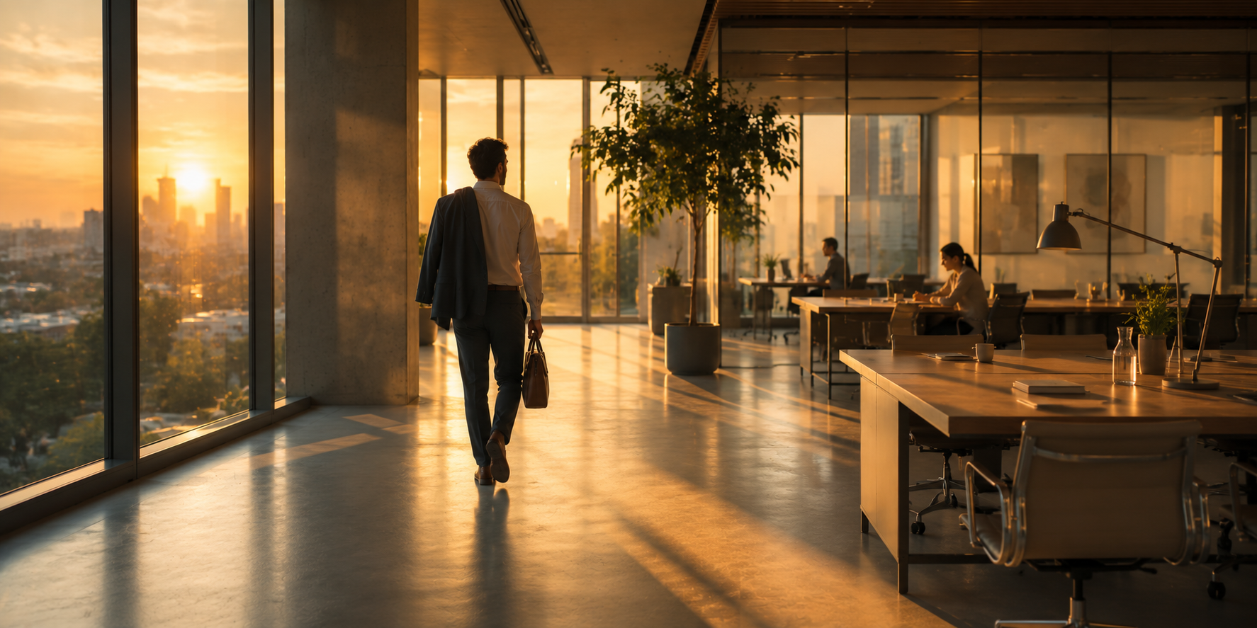 A person walking through an open-plan office bathed in warm sunset light