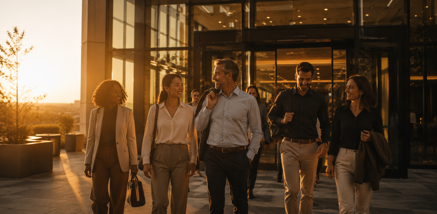 A group of colleagues walking out of a glass office building together at sunset
